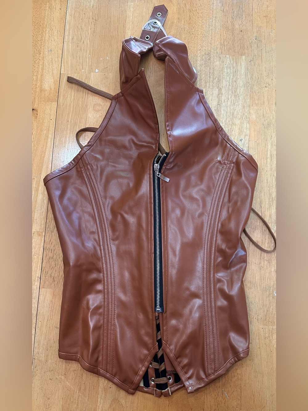 Women's Brown Faux Leather Halter Zip-Front Corset